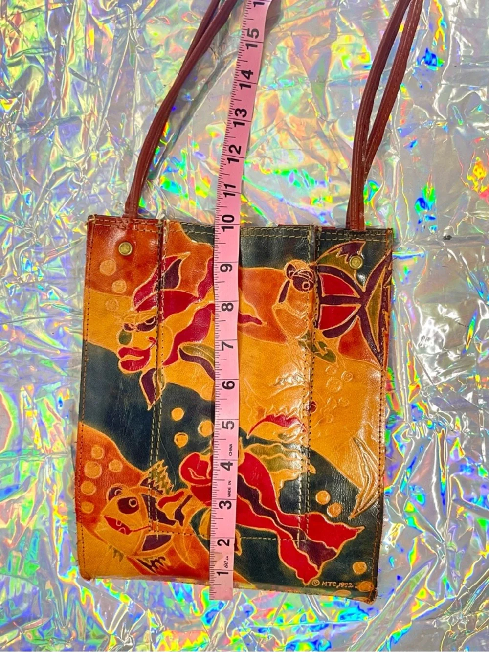 Vintage 1992 Embossed Leather Mini Bag Abstract Art Faces Fish Design Folk Art